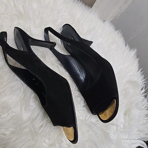 Stuart Weitzman Slingback Open Toe Suede Leather Black Heels Size 8B 🌴 - Picture 5 of 8